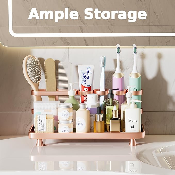 Electric Toothbrush Holder for Bathroom Countertop 5 Metal Slots Toothpaste Razor Mouthwash Organizer, Rose Gold