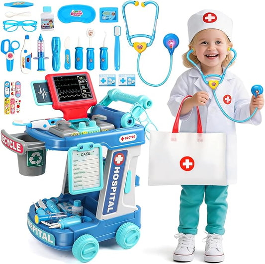 Doctor Kit for Toddlers 3-5 Fun Kids Doctor Play Set for 2 3 4 5 Year Old Girls Boys Dress Up Toys with Cart Costume and Stethoscope Dentist Vet Toddler Pretend Play Toys for Christmas Birthday Gifts