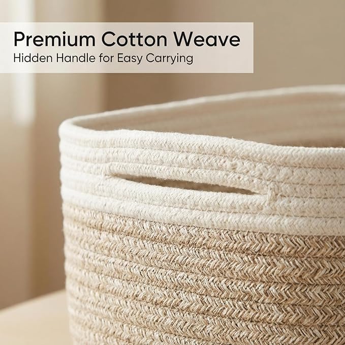 4-Piece Storage Shelf Basket Set, Natural Cotton Rope Woven Basket with Handle, Decorative Rectangle Organizer Bin for Home, Nursery, Montessori, Pet Toy Storage and Bathroom Organization, White&Brown