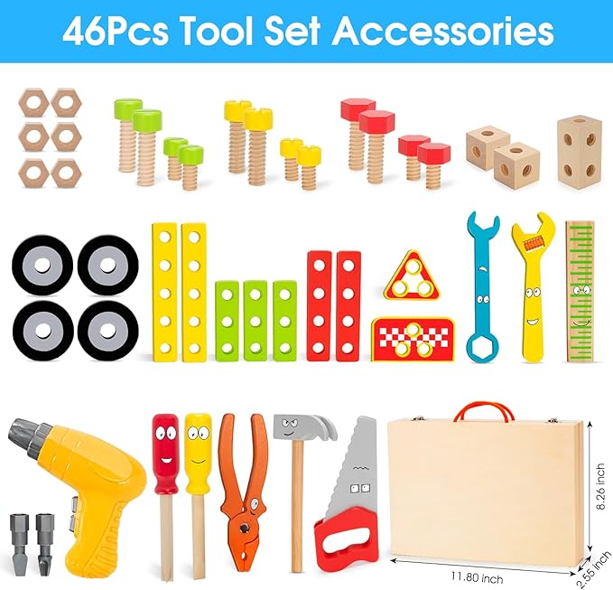 Kids Tool Set Toy with Drill, Stem Montessori Toys for 3 4 5 Years Old Boy Girl, 44 Pcs Wooden Toddler Tool Kits Inc Box, Learning Educational Construction Toy