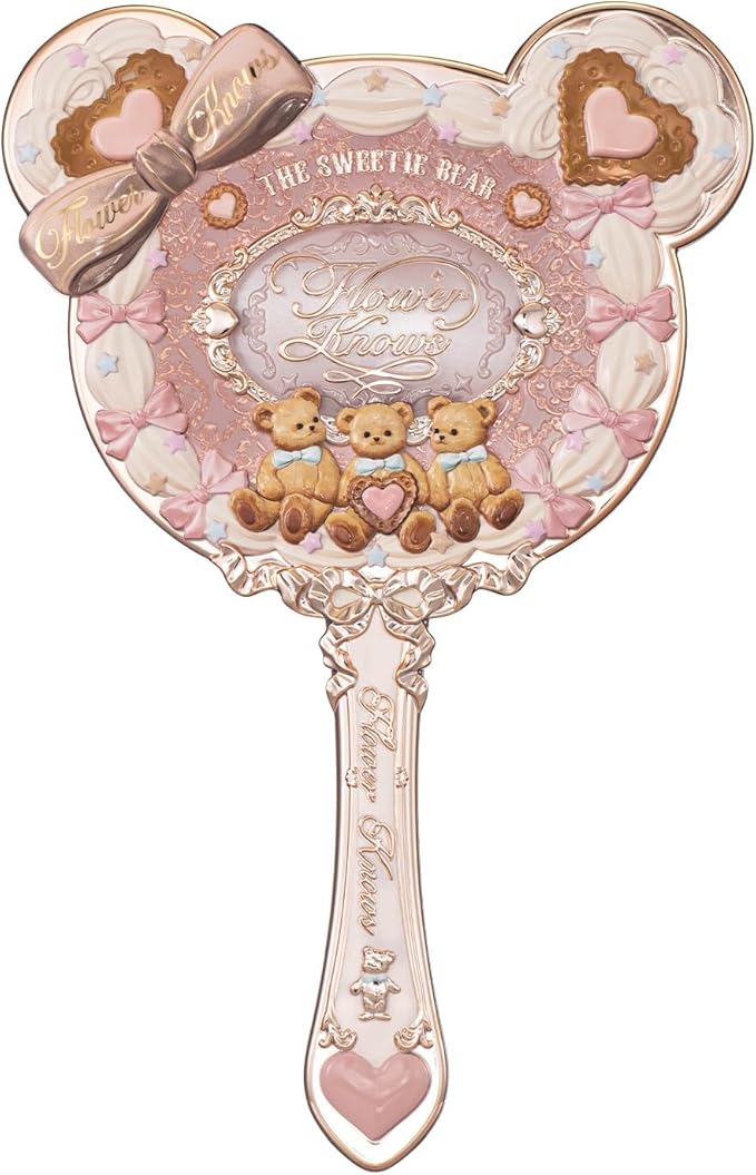 Flower Knows The Sweetie Bear Hand Mirror,Vintage Portable Handheld Mirror,Fancy & Pretty Princess Mirror with Long Handle,Gift for Girls(Creamy Pink)