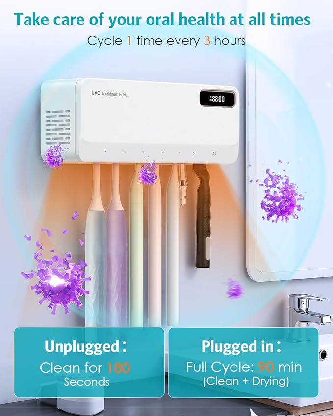 UV Toothbrush Cleaner Holder, Temracha Toothbrush Holders for Bathrooms, 5+1+1 Slots Tooth Brush Shaver Cleaner and Holder, Rechargeable Cordless Wall Mounted with Heating Functions, No Drilling