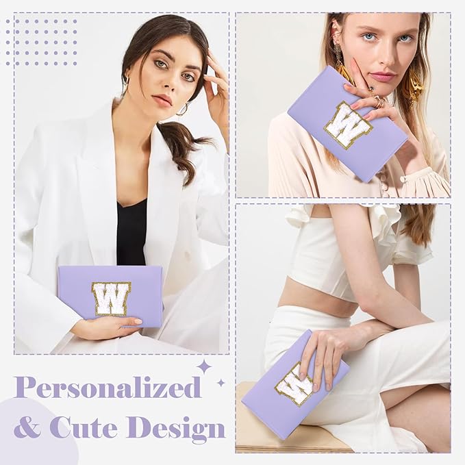 Personalized Makeup Bag Initial A-Z Preppy Patch Bag,Small PU Leather Travel Cosmetic Bag Pouch with Zipper,Purple Cute Toiletry Bag,Gift Ideal for Teen Girls Women Birthday Friend Mom,Latter W