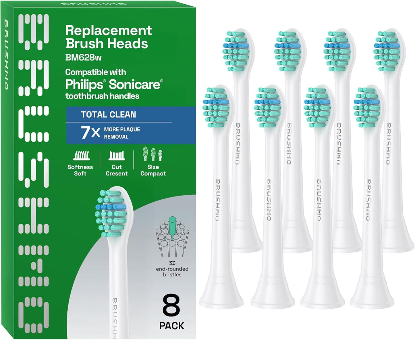 Brushmo Total Clean Replacement Toothbrush Heads, Compatible with Philips Sonicare Click-on Electric Toothbrush Handles, 8 Compact Heads for Hard-to-Reach Areas, Soft Dupont Bristles, BM628, White