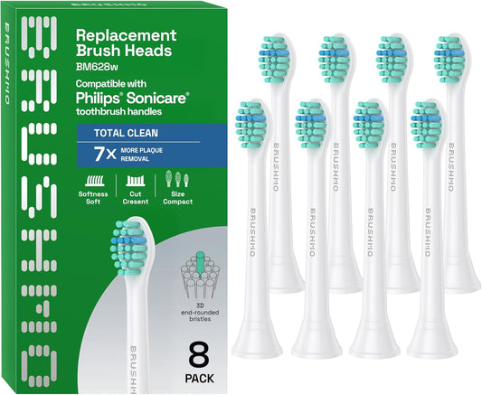 Brushmo Total Clean Replacement Toothbrush Heads, Compatible with Philips Sonicare Click-on Electric Toothbrush Handles, 8 Compact Heads for Hard-to-Reach Areas, Soft Dupont Bristles, BM628, White