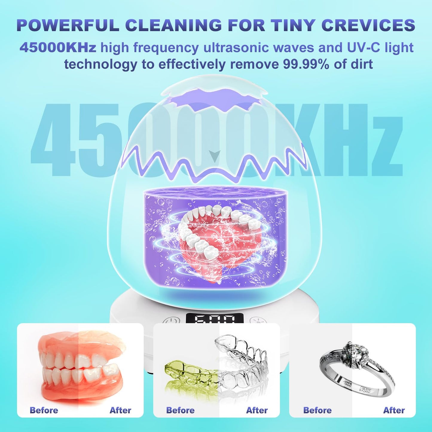 Ultrasonic Retainer Cleaner, 45kHz Denture Cleaner Machine, 4 Cleaning Modes, Removable Base, Dental Cleaning Pod for Mouth Guard/Night Guard/Braces/Aligner/Jewelry