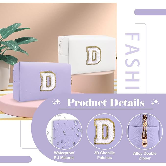 Personalized Makeup Bag Initial A-Z Preppy Patch Bag,Small PU Leather Travel Cosmetic Bag Pouch with Zipper,Purple Cute Toiletry Bag,Gift Ideal for Teen Girls Women Birthday Friend Mom,Latter D