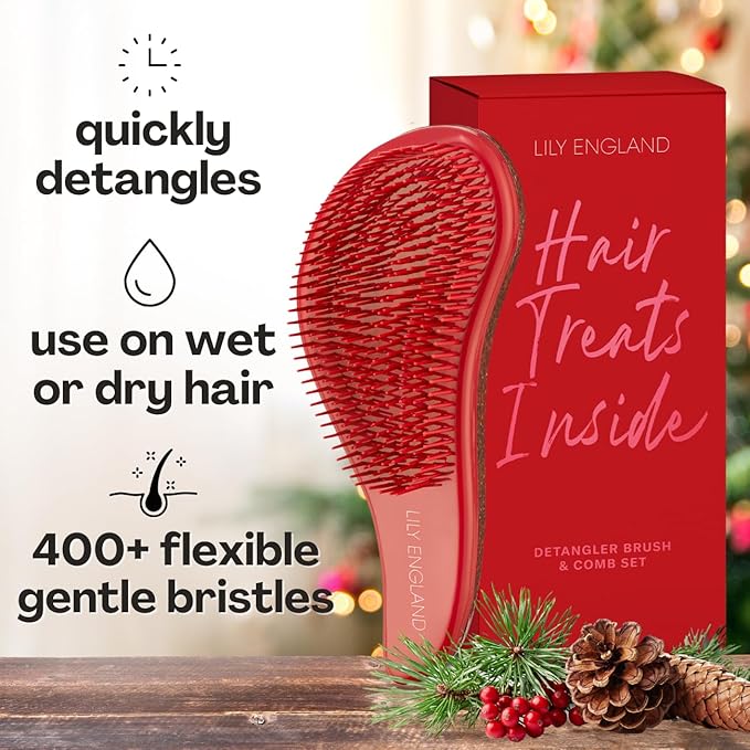 Lily England Detangler Brush & Comb Set - Lightweight Wide Tooth Detangling Tool for Women & Kids - Smooths Curly, Straight, Dry, Fine, & Thick Hair, Red Glitter