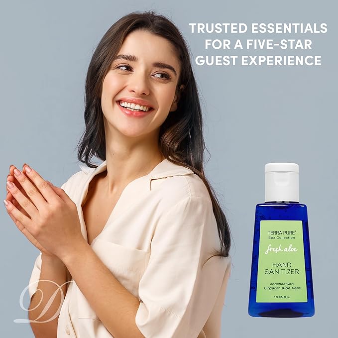 Terra Pure Hotel Hand Sanitizer Gel | Mini Hand Sanitizer Bulk | Alcohol-Free with Organic Aloe Vera | 1oz Bottles | Case of 144