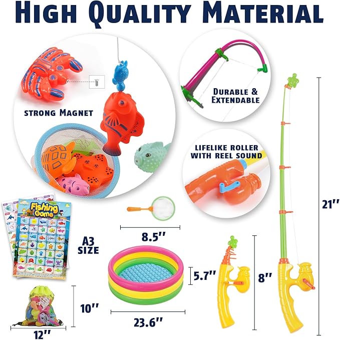 CozyBomB™ Magnetic Fishing Toys Game Set for Kids | Water Table Bathtub Kiddie Pool Party Pole Rod Net, Outdoor Plastic Floating Fish, Toddler Bath Color Ocean Sea Animals Birthday Gift Age 3-5 6 4-8