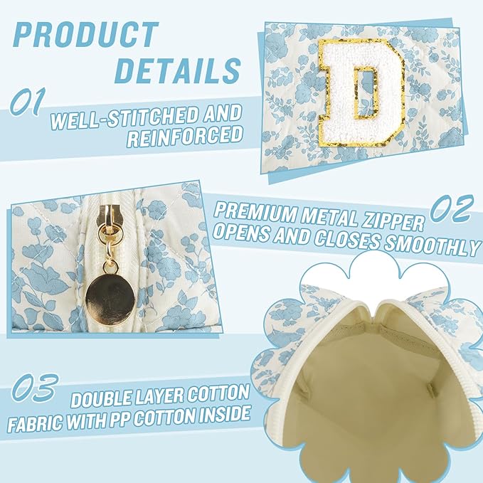 Personalized Quilted Cosmetic Bag, Puffy Monogrammed Christmas Birthday Gifts for Women & Girls, Cute initial Floral Makeup Bag Puffer Coquette Bag, Aesthetic Travel Toiletry Zipper Pouch(Blue,D)
