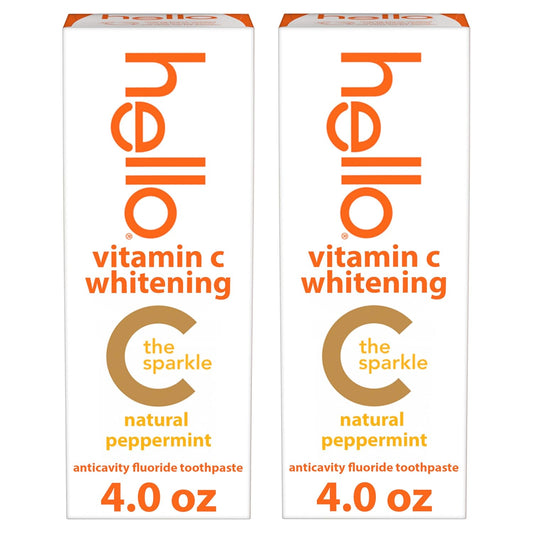 hello Vitamin C Whitening Toothpaste with Fluoride, Whitening SLS Free Toothpaste Pack, Up to 2 Shades Whiter Teeth, No Peroxide, Safe for Everyday Use, Natural Peppermint, 2 Pack, 4.0 Oz Tubes