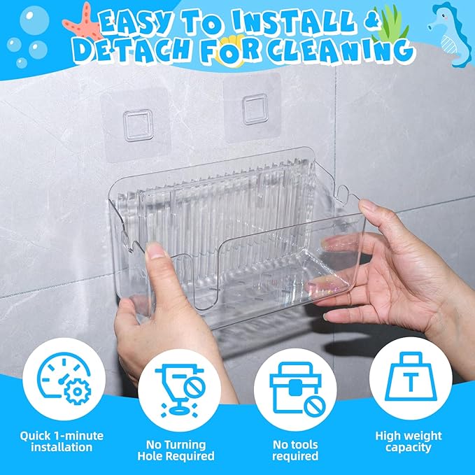 2-Pack Clear Bath Toy Storage Holder Organizer, Large Capacity Durable Plastic Bathtub Shower Caddy with Drain Holes, Quick-Dry Drainable Easy Install (Clear White 2-Pack)