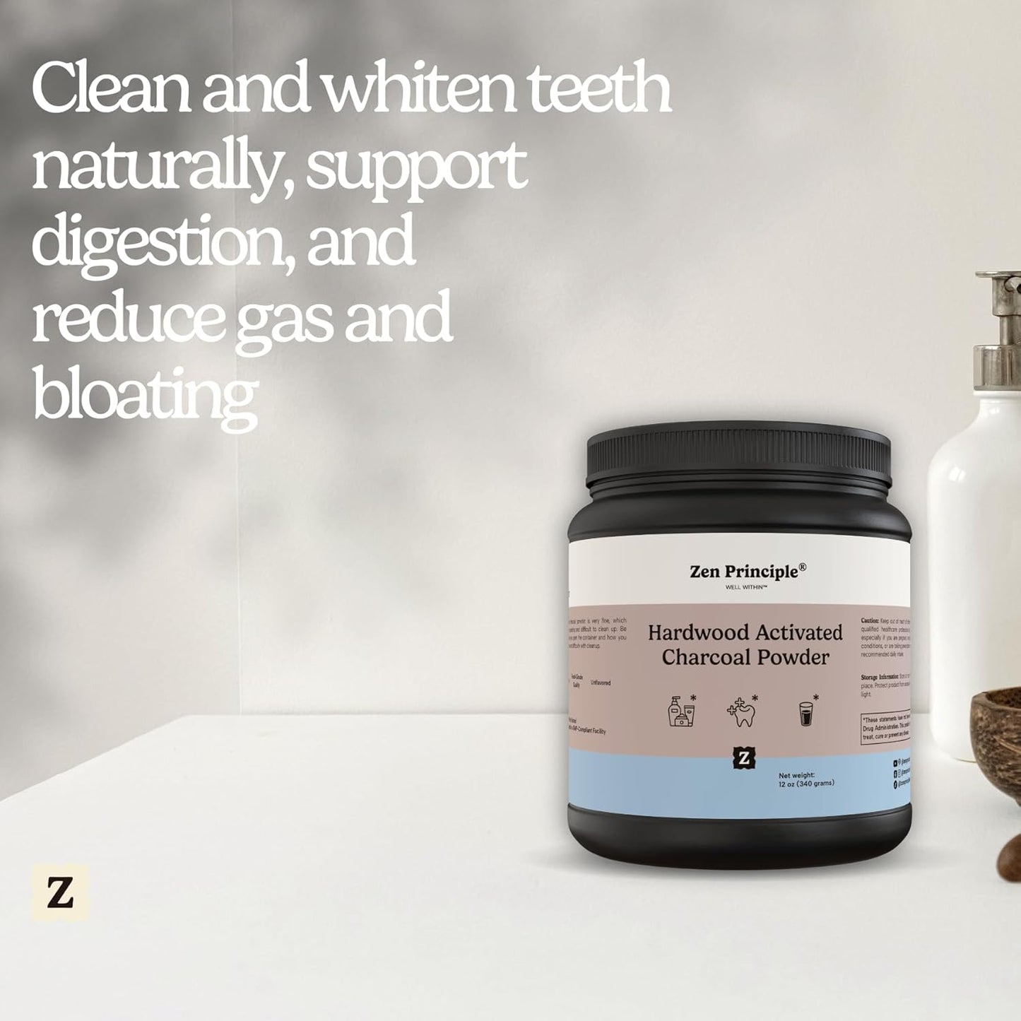 Zen Principle Activated Charcoal Powder only from USA Hardwood Trees. All Natural. Whitens Teeth, Rejuvenates Skin and Hair, Supports Better Digestion. Free Scoop Included. 12 oz.
