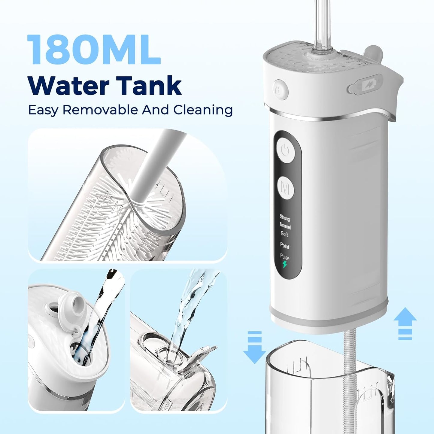 Portable Water Flosser for Teeth Travel – FOMIS Mini Water Flosser with 5 Mode, 5 Nozzles, 180ML Collapsible Tank, Smart Timer, IPX7 Waterproof Cordless Oral Irrigator for Brace & Sensitive (White)