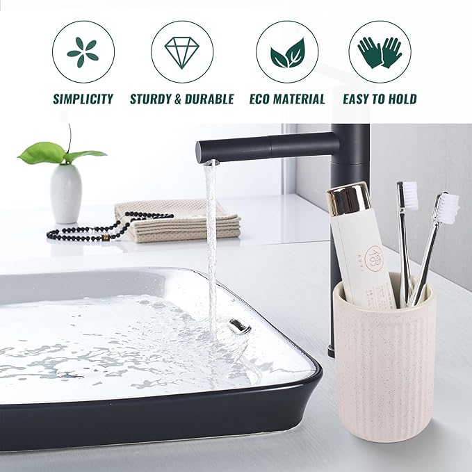 BosilunLife Ceramic Toothbrush Holder - 12oz Bathroom Toothbrush Holder Beige Tooth Brush Holders Tumbler Cups Reusable Toothbrush Mouthwash Cup Small Toothbrush and Toothpaste Holder