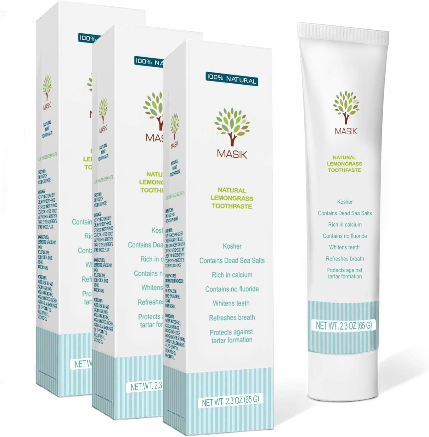 Masik Lemon Grass Natural Toothpaste is formulated for Sensitive Teeth. SLS-Free and Non-Fluoride with Dead Sea Salt to Gently Clean and Whiten Your Smile While Refreshing Your Breath - Pack of 3