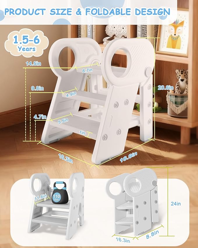 Foldable Step Stool for Toddlers, Adjustable 3 Step Stool for Bathroom Sink, Toilet Potty Training Stool with Handles, Child Kitchen Counter Bedroom Bed Stool Helper