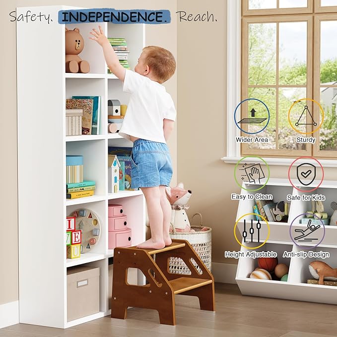 Wooden Toddler Step Stool for Bathroom Sink, Dark Wood Kids Toilet Step Stool for Toddlers Potty Training, Baby Child Stepping Stools with Handle for Kitchen Counter Bedroom Bed (Walnut Brown)