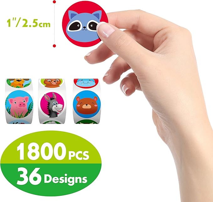 1800 PCS Round Animal Stickers, 36 Designs Adorable Cartoon Teacher Reward Encouragement Stickers for Kids, Party Decoration Sticker for School Classroom Home with Perforation Line(1” Each, 3 Rolls)