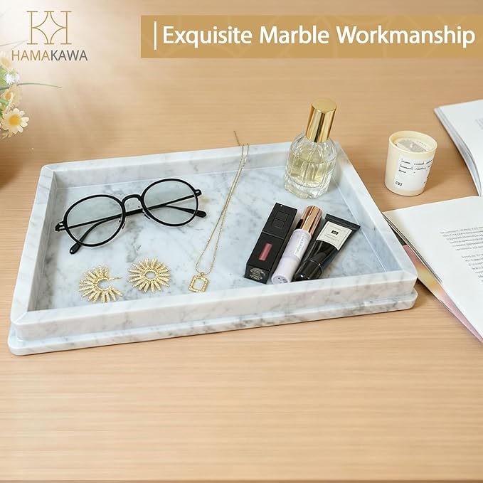 Large Natural Marble Bathroom Vanity Tray 12 inch, Carrara White Stone Jewelry Tray, Rectangle Sink Trays, Modern Tank Trays, Countertop Organizer for Soap Dispenser, Kitchen, Home Decor