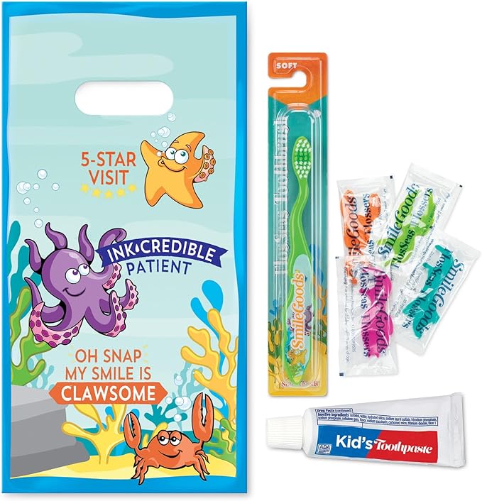 Practicon SmileGoods Dental Hygiene Kit, Makes 72 Dental Care Giveaways with Toothbrush, Toothpaste, Flossers and Bag (FlosSeas)