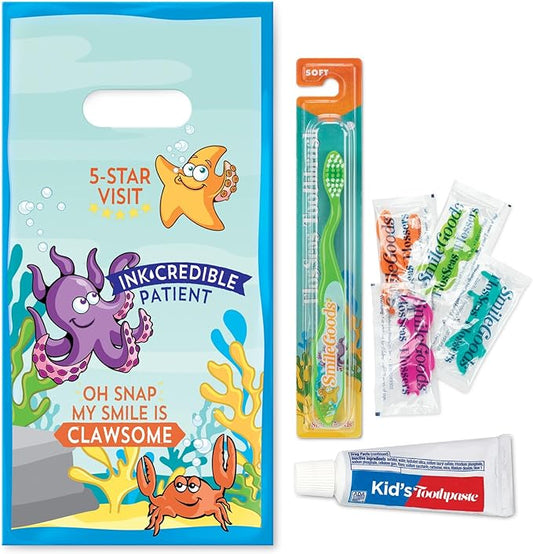 Practicon SmileGoods Dental Hygiene Kit, Makes 72 Dental Care Giveaways with Toothbrush, Toothpaste, Flossers and Bag (FlosSeas)