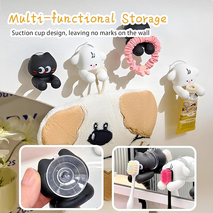 2 PCS Kids' Bathroom Toothbrush Holder,Suction Mount Silicone Toothbrush Holder,Cute Cartoon Cat and Dog Design, Perfect for Kids and Families