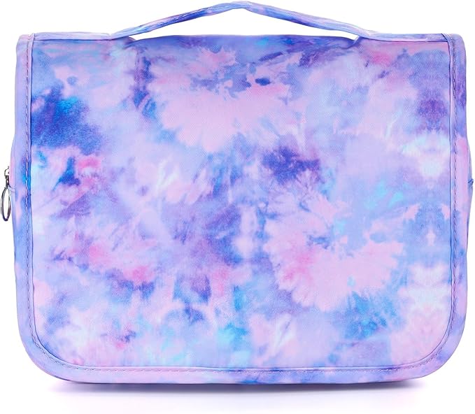 Kids Hanging Toiletry Bag for Girls, Travel Toiletry Bag for Little Young Girls Cosmetic Makeup Waterproof Wash Bag Toddler Traveling Toiletries, Tie Dye Purple