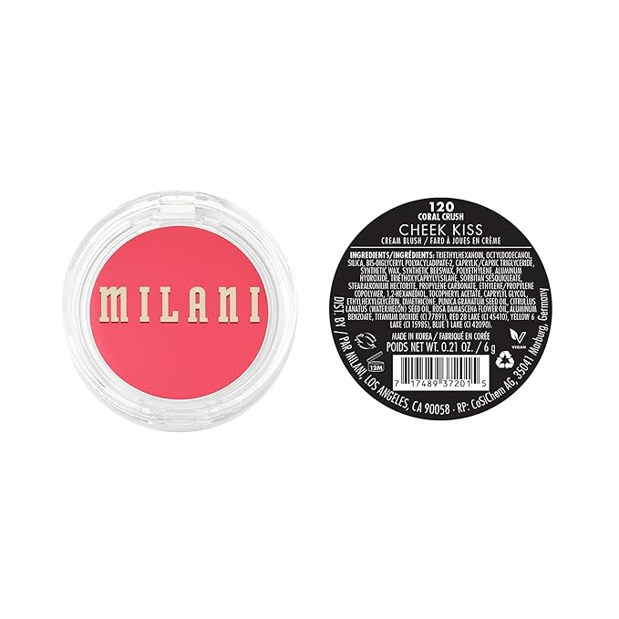 Milani Blush Makeup – Cheek Kiss Cream Blush for Cheeks, Buildable Cream-to-Gel Blusher & Lip Tint, Dewy Natural Color, Hydrating - Coral Crush