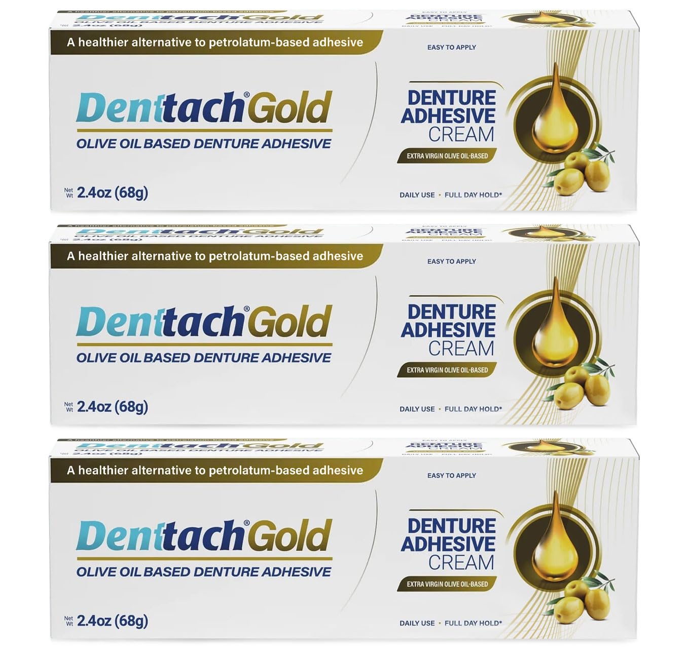 Denttach Gold Denture Adhesive, Petroleum Free Olive Oil Based Premium Denture Adhesive Cream for Full and Partial Dentures, All Day Secure Hold Denture Glue, Zinc Free, 2.4 Ounce (Pack of 3)