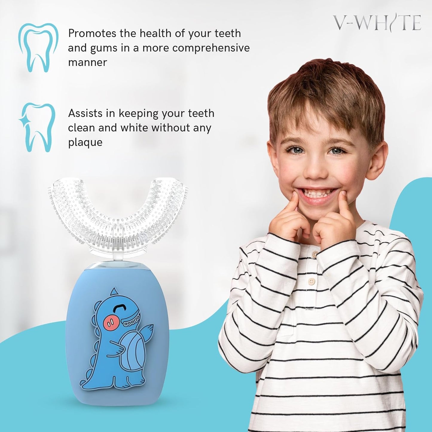 V-WHITE Electric Toothbrush Kids- Ultrasonic U-Shaped Toothbrushes for Teeth Whitening - 360° Mouth Cleansing, Hands Free Gums Protection - Wireless Charging & LED Light - Waterproof IPX7 Certified
