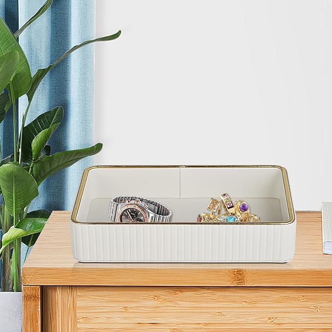 PU Leather Valet Tray,Desk Organizer Tray Nightstand Organizer Trinket Dish Storage Key Bowl Decorative Trays for Phone Wallet Jewelry Watch,Bathroom Bedroom Perfume Vanity Trays,Cream White