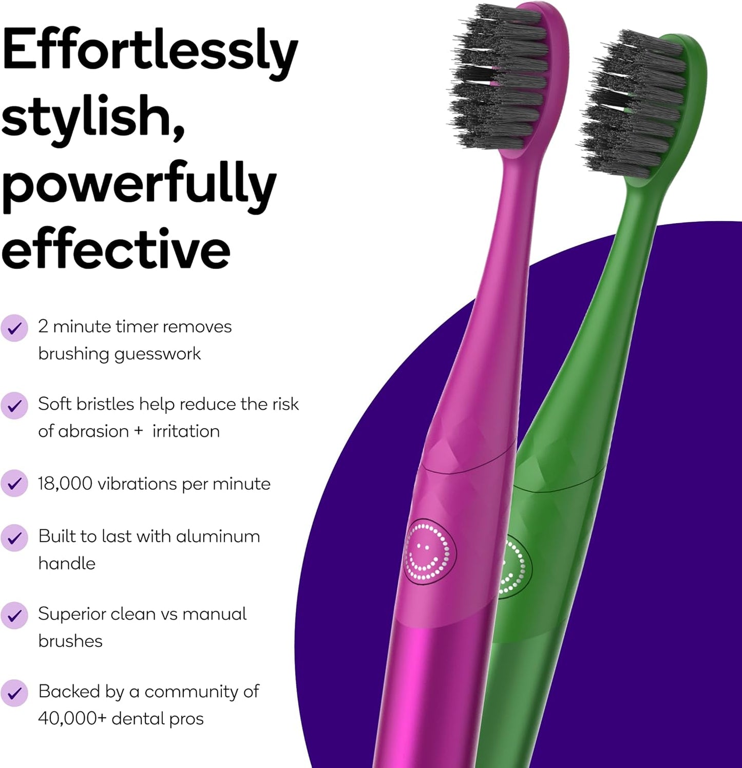Burst Nova Toothbrush (2 Pack/Pink & Green) | Sonic Powered Teeth Whitening | Super-Soft Bristles | 18000 VPM | 2 Minute Timer | Aluminum Handle | Replaceable Brush Head | Compact Size | AAA Battery