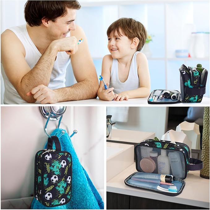 Kids Toiletry Bag for Boys, Travel Toiletry Bag for Little Young Boys Waterproof Hanging Wash Bag Toddler Traveling Toiletries, Soccer Balls Black