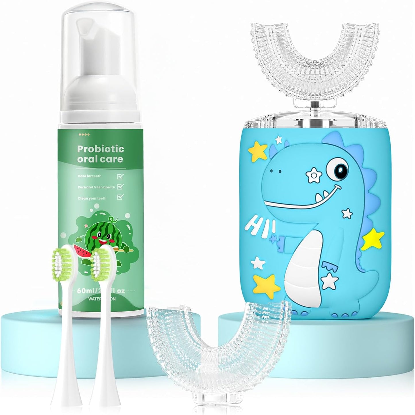 Kids Electric U Shaped Toothbrush,Kids Sonic Full Mouth Toothbrush with 4 Soft Brush Head Automatic 6 Cleaning Modes IPX7 Waterproof 360 Degree Cleaning - Age2-7 Watermelon Blue