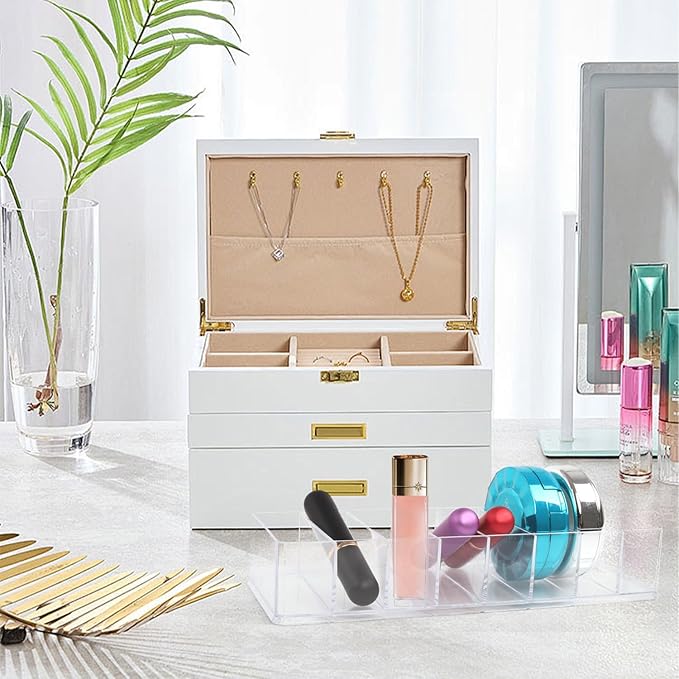 Acrylic Makeup Organizer,4 Pack Makeup Compact Organizer Detachable Makeup Organizer Clear Vanity Drawer Organizer, 8 Spaces Clear Cosmetic Display Case for Bathroom, 10x3.3x1.7 Inches