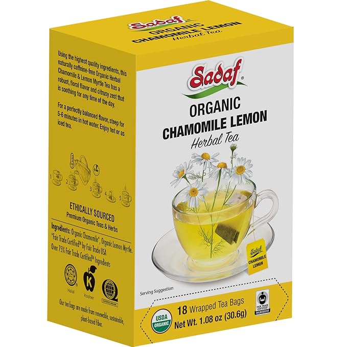 Sadaf Organic Chamomile Lemon Tea - Lemon Chamomile Tea Bags - Ideal for Hot or Iced Tea - Organic Herbal Tea - Kosher - 18 Wrapped Tea Bags