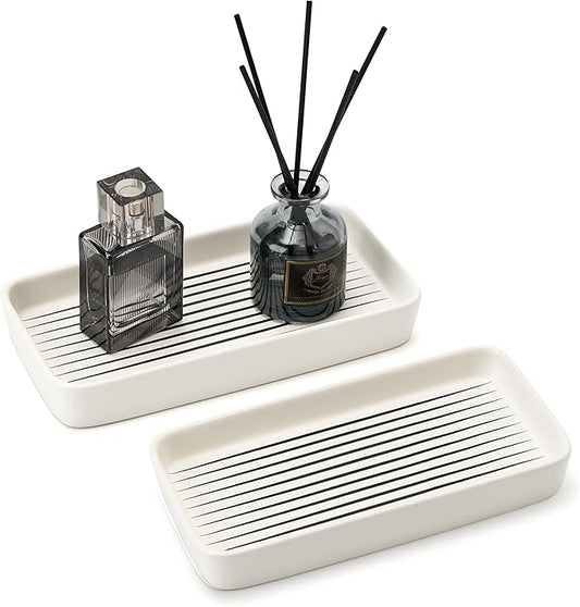 Bathroom Vanity Tray for Countertop,2PC Rectangle Striped Tray,Decorative Bathroom Organizer for Scrubber, Lotion Bottles, Perfume, Jewelry, Candle, Key Trinket Ring(Small,White)