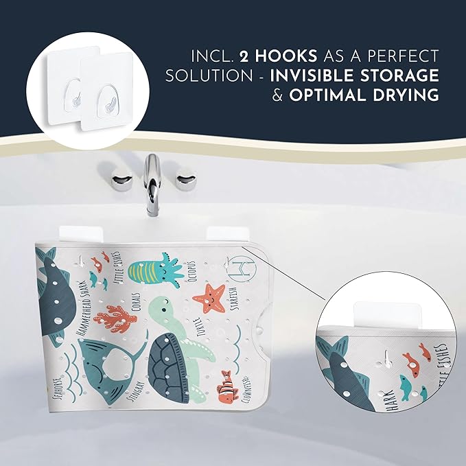 Bath Tub Mat Non Slip Anti Mold for Kids BPA Free INCL Hooks - homerella® Ocean Sea Animals 40x16, Baby Bath Mat Non Slip 200 Suction Cups, Non Toxic Machine Washable Toddler Bath Mat, EU Certified