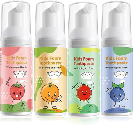 Foam Toothpaste Kids, Kids Foam Toothpaste, Toddler Toothpaste with Low Fluoride for U Shaped Toothbrush, Children Oral Cleaning for Ages 3 Plus (4PCS, Watermelon+Strawberry+Blueberry+Orange)