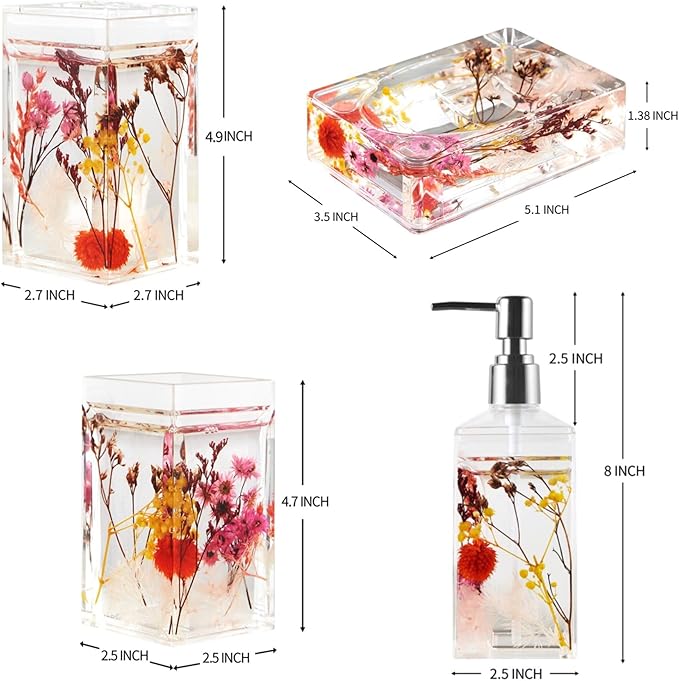 Locco Decor 4 Piece Acrylic Liquid 4D Floating Motion Bathroom Vanity Accessory Set Garden Botanic Pink Plants Toothbrush Holder, Tumbler, Soap Dispenser, Soap Dish