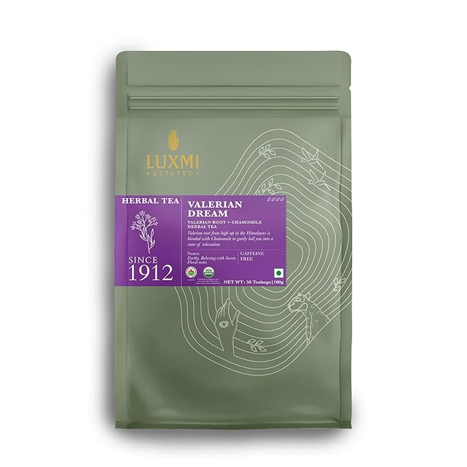 Luxmi Estates Valerian Dream Organic Valerian Root Tea (50 Tea Bags) Caffeine Free Tea For Sleep, Relaxing, Calming, and Stress Relief