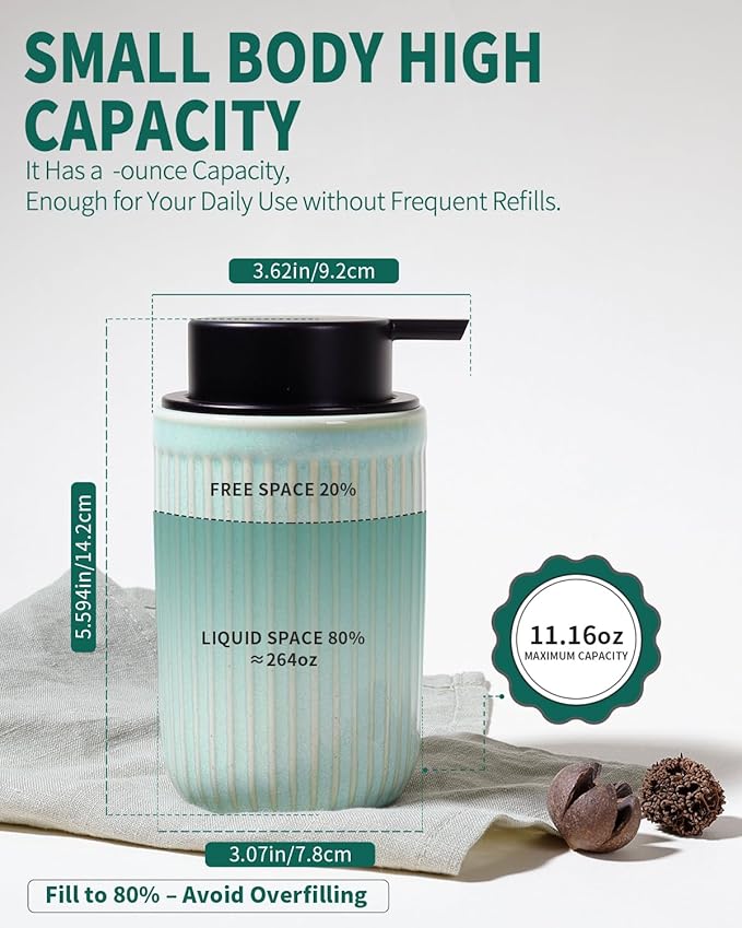 BosilunLife Dish Hand Soap Dispenser - Liquid Pump Soap Dispenser for Bathroom Deco Light Green 12oz Ceramic Kitchen Dish Dispenser with Rust-Proof Liquid Pump Modern Refillable Lotion Bottles