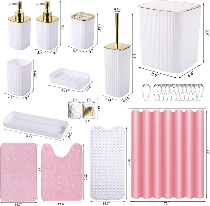26PC Bathroom Set - Gorgeous White Bathroom Set, Bathroom Accessories Set, Pink Shower Curtain Set with Bathtub Mats for Shower Tub