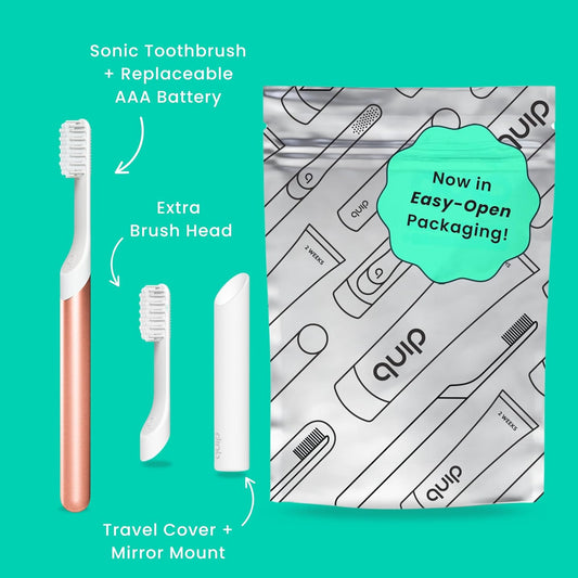 Quip Metal Sonic Electric Toothbrush for Adults - Time Travel & Soft Bristles with Travel Case & Replacement Brush Head - 3 Month Battery Life - Copper