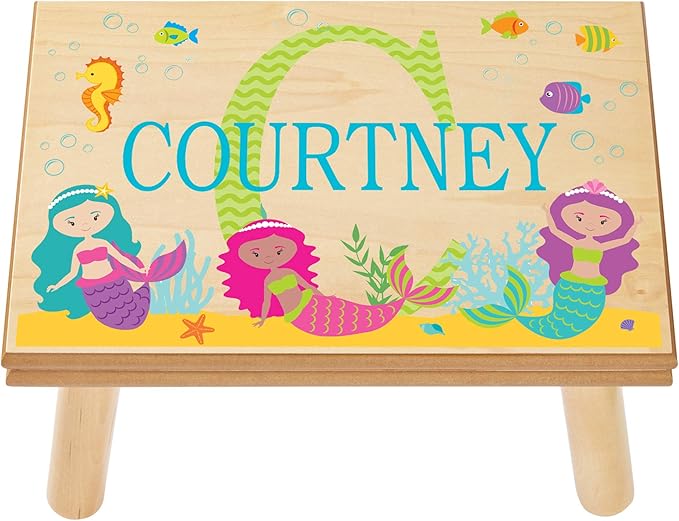 Let’s Make Memories Personalized My Own Name Step Stool - Children’s Step Stool - Sturdy Wood – Non-Toxic Paint, Sealer - Mermaid Design - Natural - 14’Wx9.25”Lx8.75”H - Ages 3+
