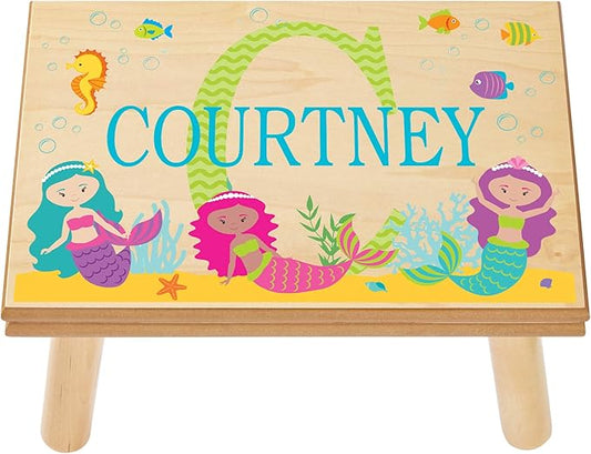 Let’s Make Memories Personalized My Own Name Step Stool - Children’s Step Stool - Sturdy Wood – Non-Toxic Paint, Sealer - Mermaid Design - Natural - 14’Wx9.25”Lx8.75”H - Ages 3+