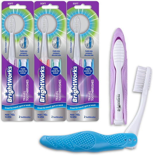 BrightWorks Folding Travel Toothbrush (6 Total, 3 Sets of 2) with Built-in Cover. Portable with Soft Bristles and Tongue Cleaner. for Camping, Hiking, Travel, Work, Gym, Purse, Backpack.