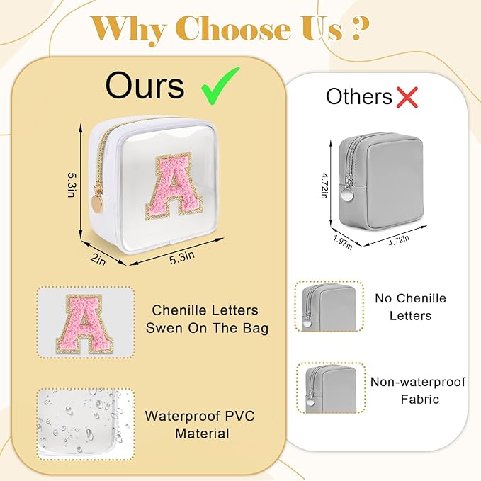 Personalized Initial Letter Clear Preppy Makeup Bag,Mini Nylon Chenille Letter Cosmetic Bag Cute Zipper Pouch Purse for Teen Girls,Portable TSA Approved Beach Travel Essentials Bag Gift for Women,I
